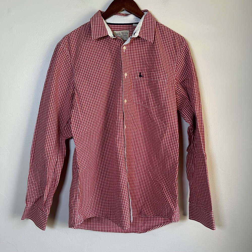 EUC Jack Wills Button Down Gingham Shirt Size L Red White Pheasant Logo
